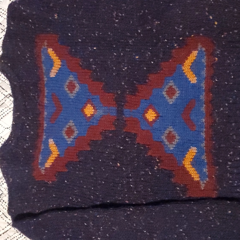 Geometric Rainbow Speckled Navy Blue Wool Sweater - Picture 2 of 15